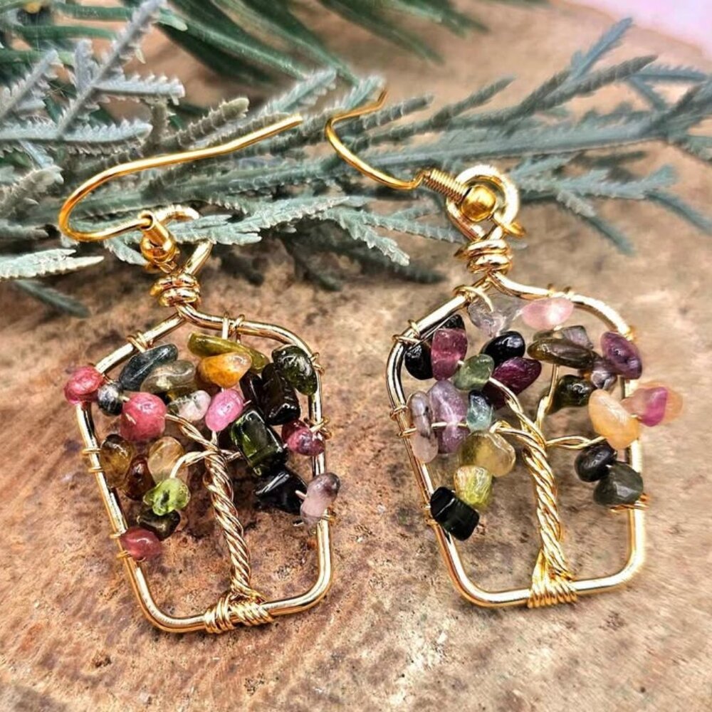 Nature Mixed Tourmaline Chips Crystal Tree Earring